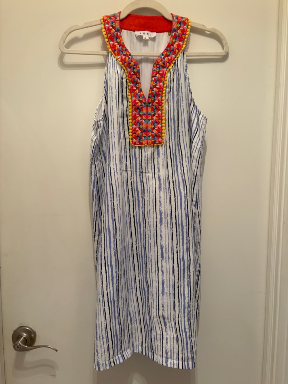 THML Embroidered Stripe Sleeveless Dress - Blue & White